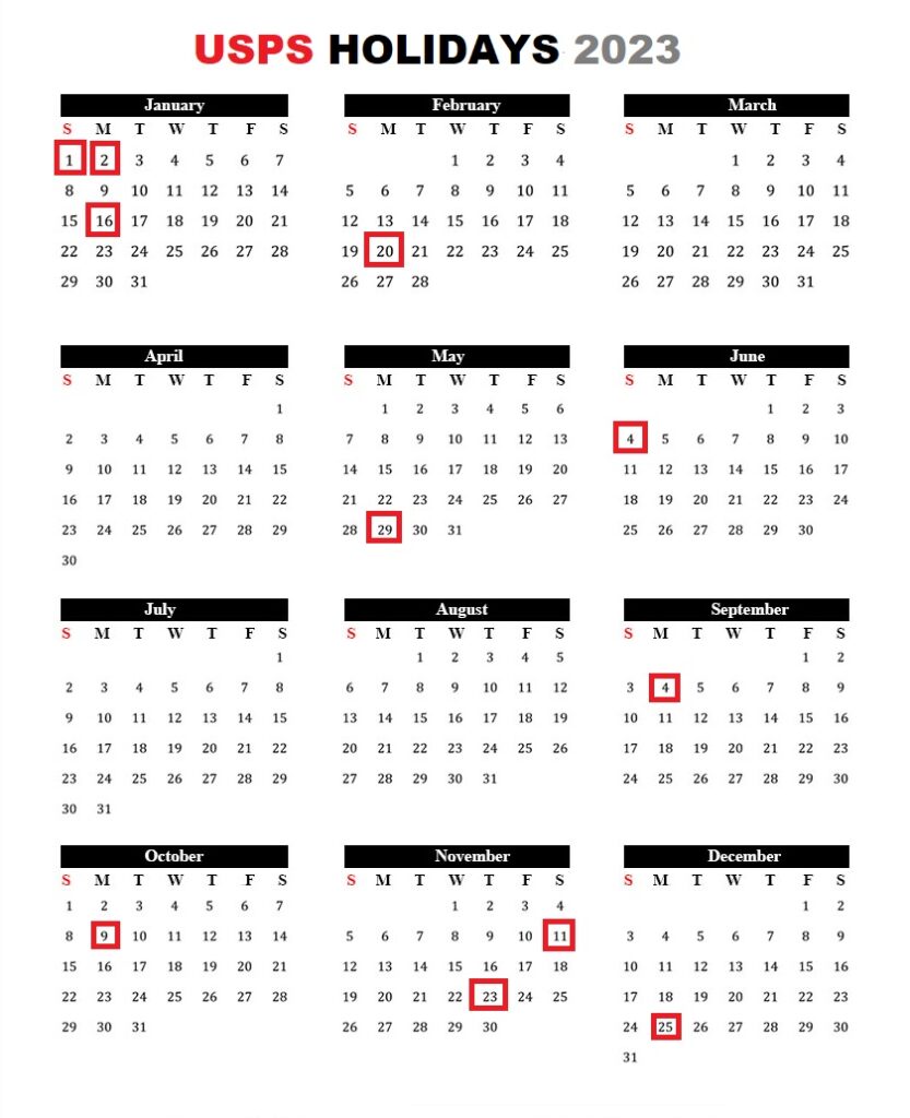 USPS 2023 holidays Calendar